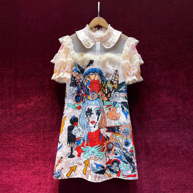 Bold Patterned French Retro Mini Dress with a Vintage Vibe.
