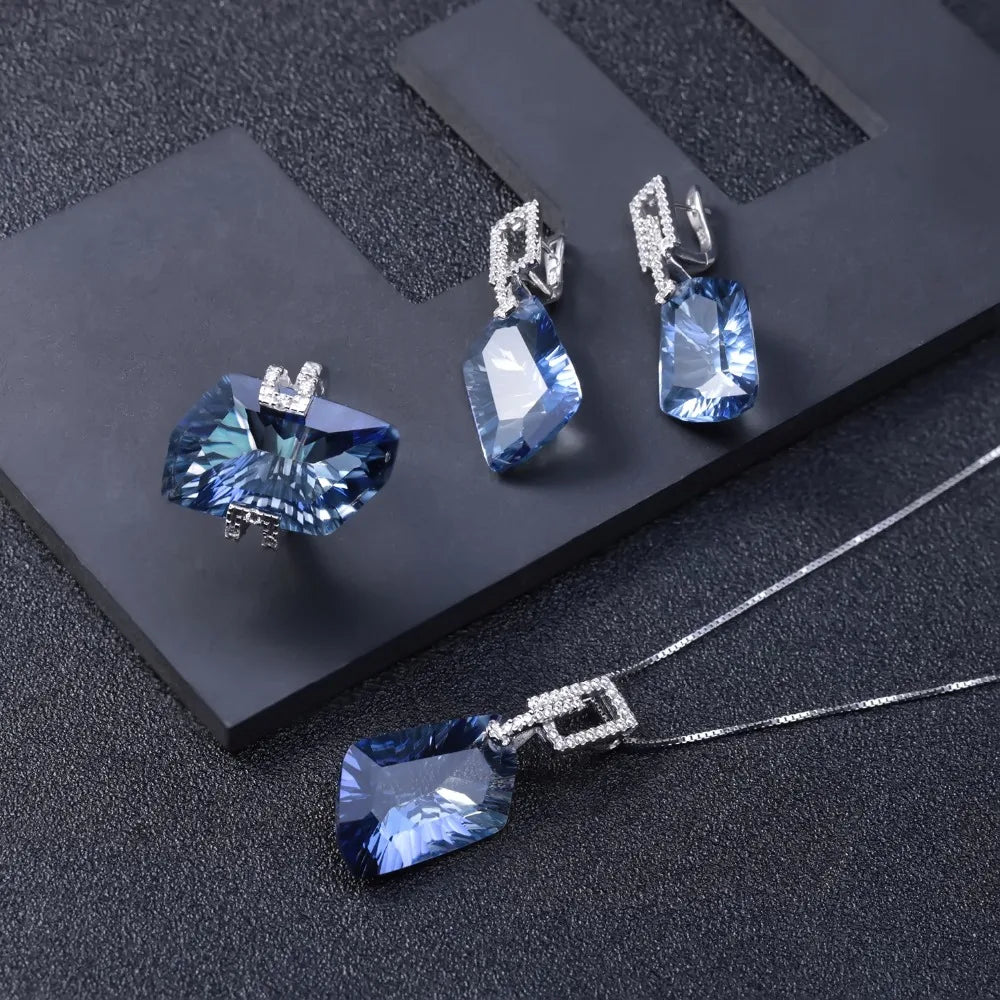 Blue Mystic Quartz Jewelry Set Including Stunning Necklace, Ring and Earrings