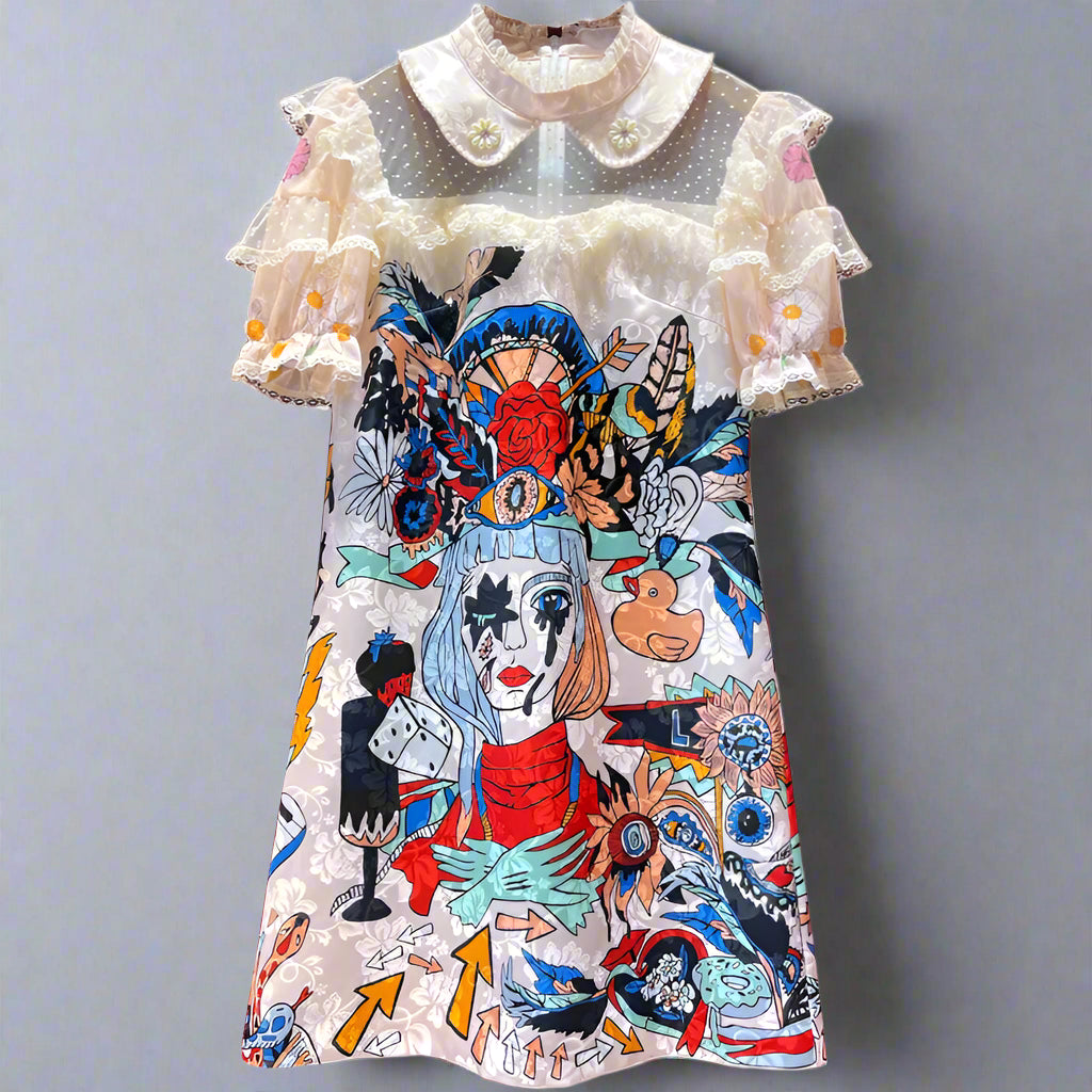 Bold Patterned French Retro Mini Dress with a Vintage Vibe.