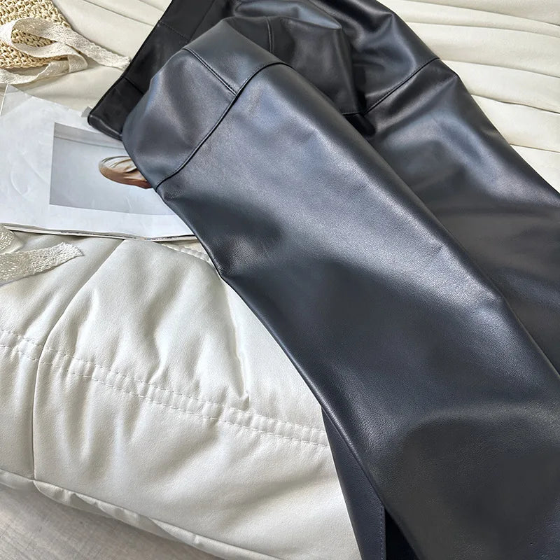 High Waist Genuine Leather Split Wrap Skirt. Pencil Style. Mid-Calf Length.
