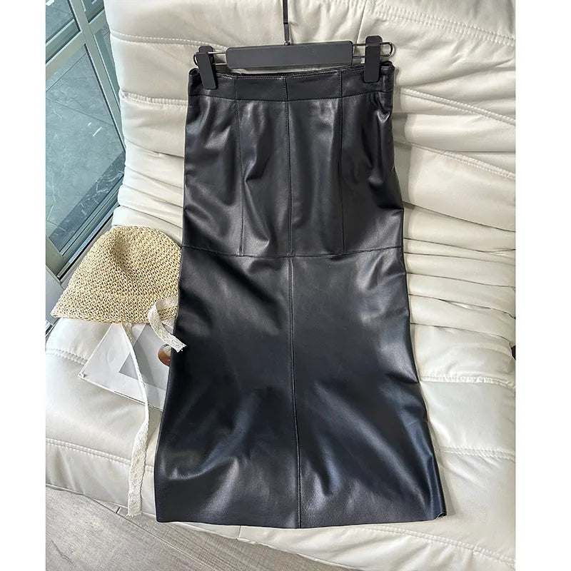 High Waist Genuine Leather Split Wrap Skirt. Pencil Style. Mid-Calf Length.
