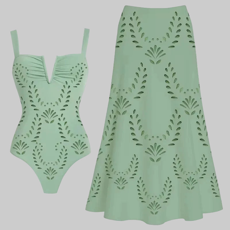 Elegant Beach Set with High‑Waist Suit and Flowing Skirt