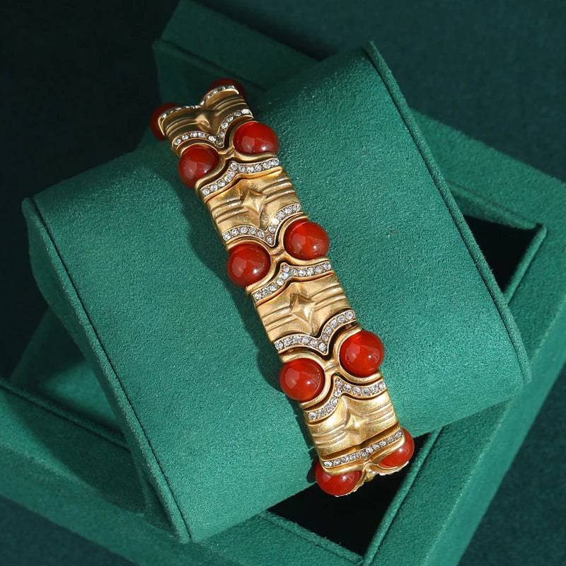 Vintage Natural Stone Bracelet with Rhinestone Inlay