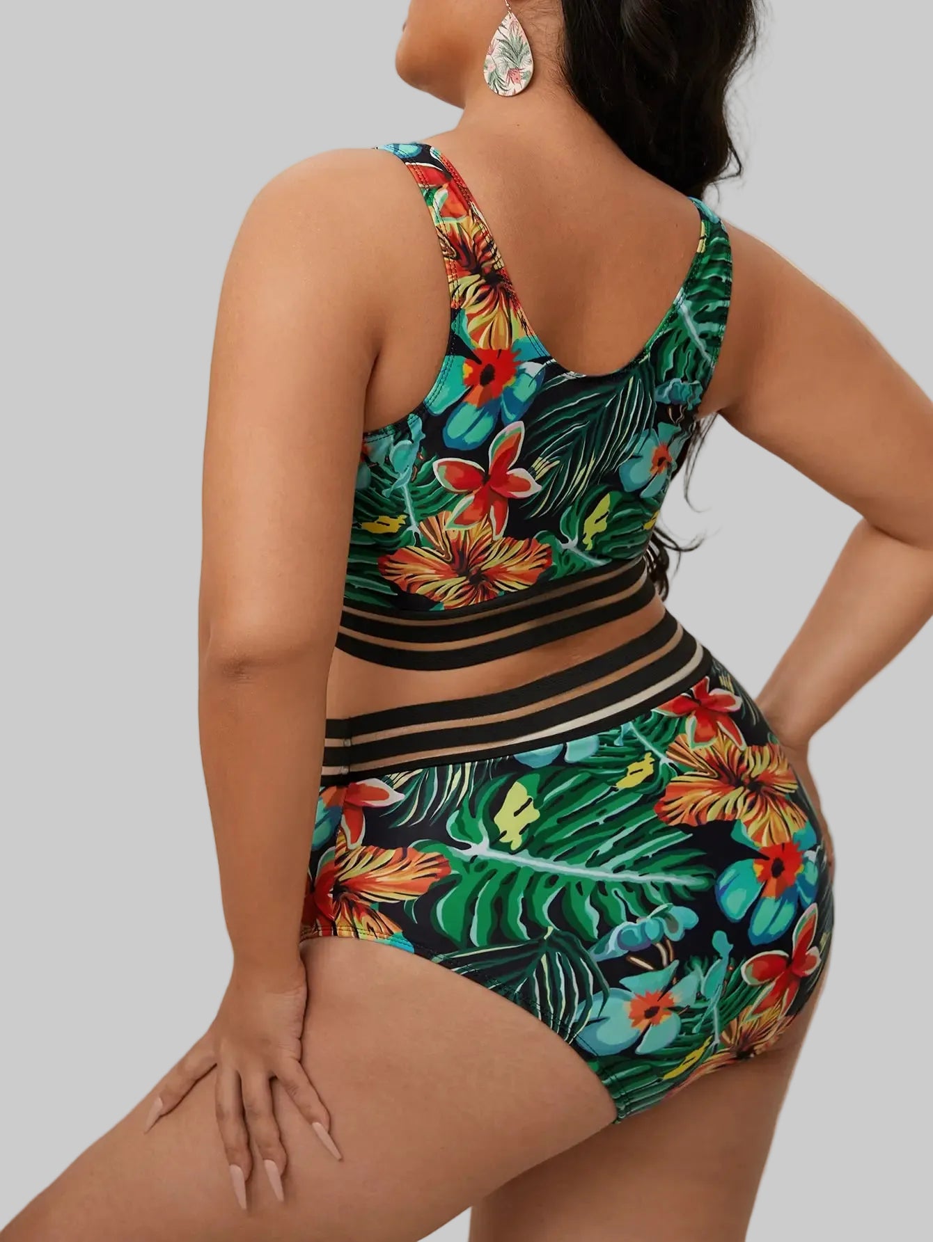 Plus Size Floral High‑Waist Bikini Set with Adjustable Thick Straps