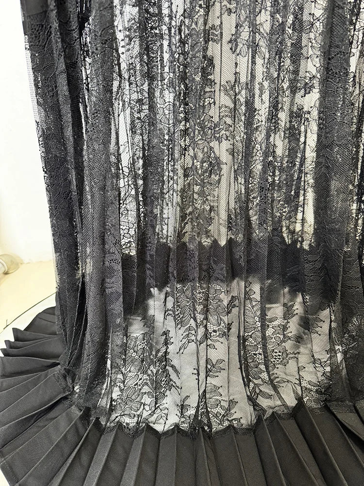 Pleated Lace Slim‑Fit Maxi Dress