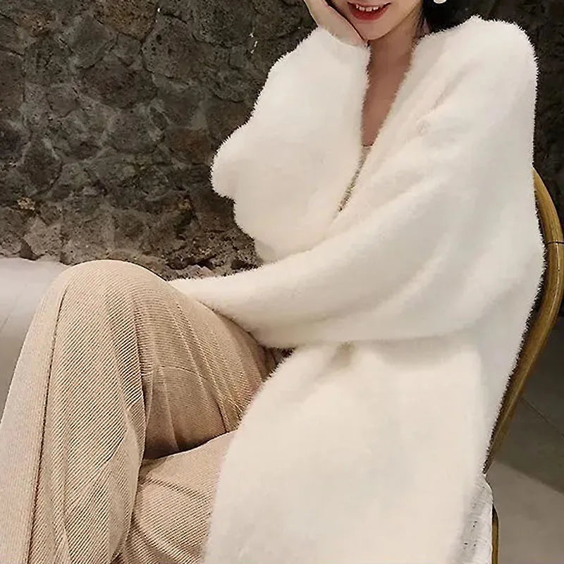 Fluffy Long White Cardigan with a Vintage Style. Comfy and Soft