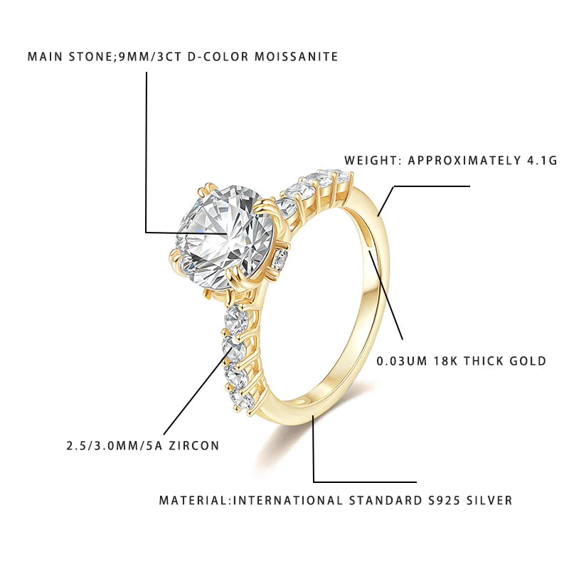 3‑Carat Moissanite Solitaire Ring with Side Accents