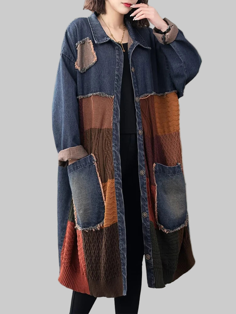 Vintage Lightweight Layer Coat. Denim Patchwork with Classic Turn Down Collar