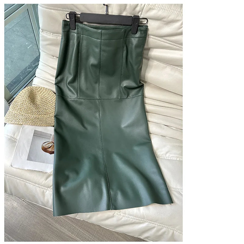 High Waist Genuine Leather Split Wrap Skirt. Pencil Style. Mid-Calf Length.