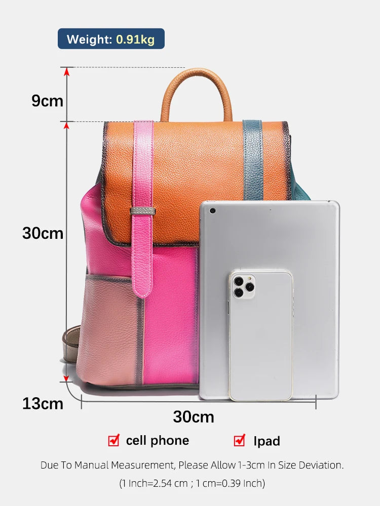 Multicolor Patchwork Leather Backpack. Wear Resistant.