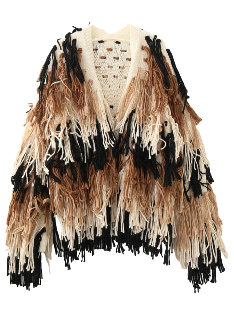Vintage Shaggy Cardigan Jumper. Loose Fit with Fashionable Tassels. Versatile for any Wardrobe