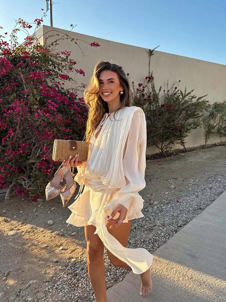 Vintage-Inspired Puff Sleeve Mini Dress with Ruff Skirt with Lace