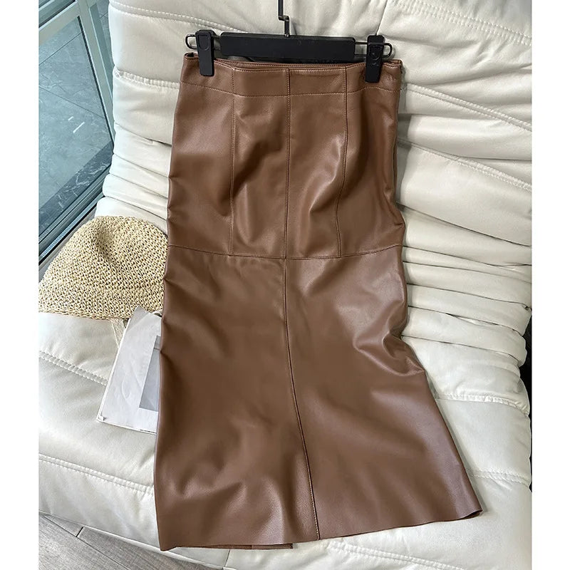High Waist Genuine Leather Split Wrap Skirt. Pencil Style. Mid-Calf Length.