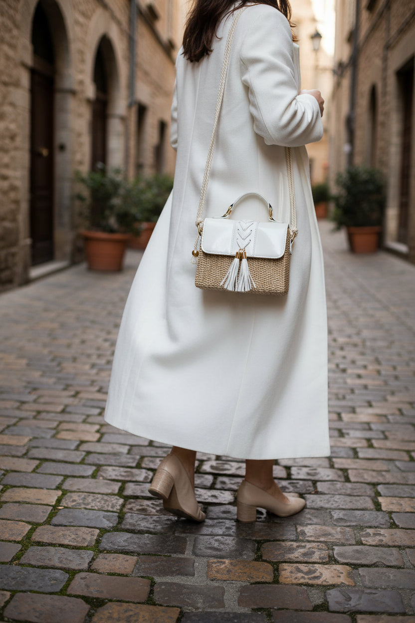 Chic Woven Straw Box Bag with Tassel Detail