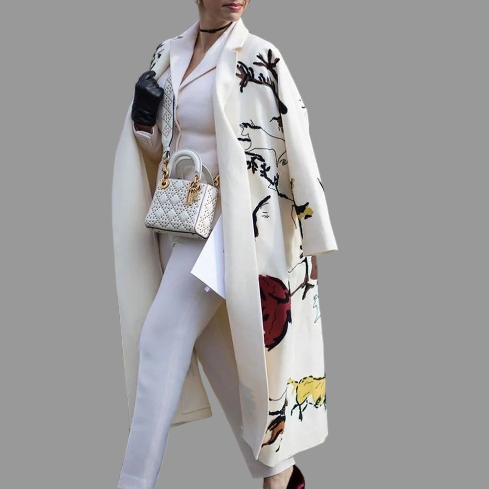 White Long Dress Coat with Patterned Motifs Offering Elegance and Sophistication