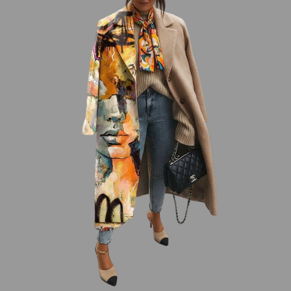 Graffiti Dress Coat Featuring Striking Blend of Artwork and Classic Camel