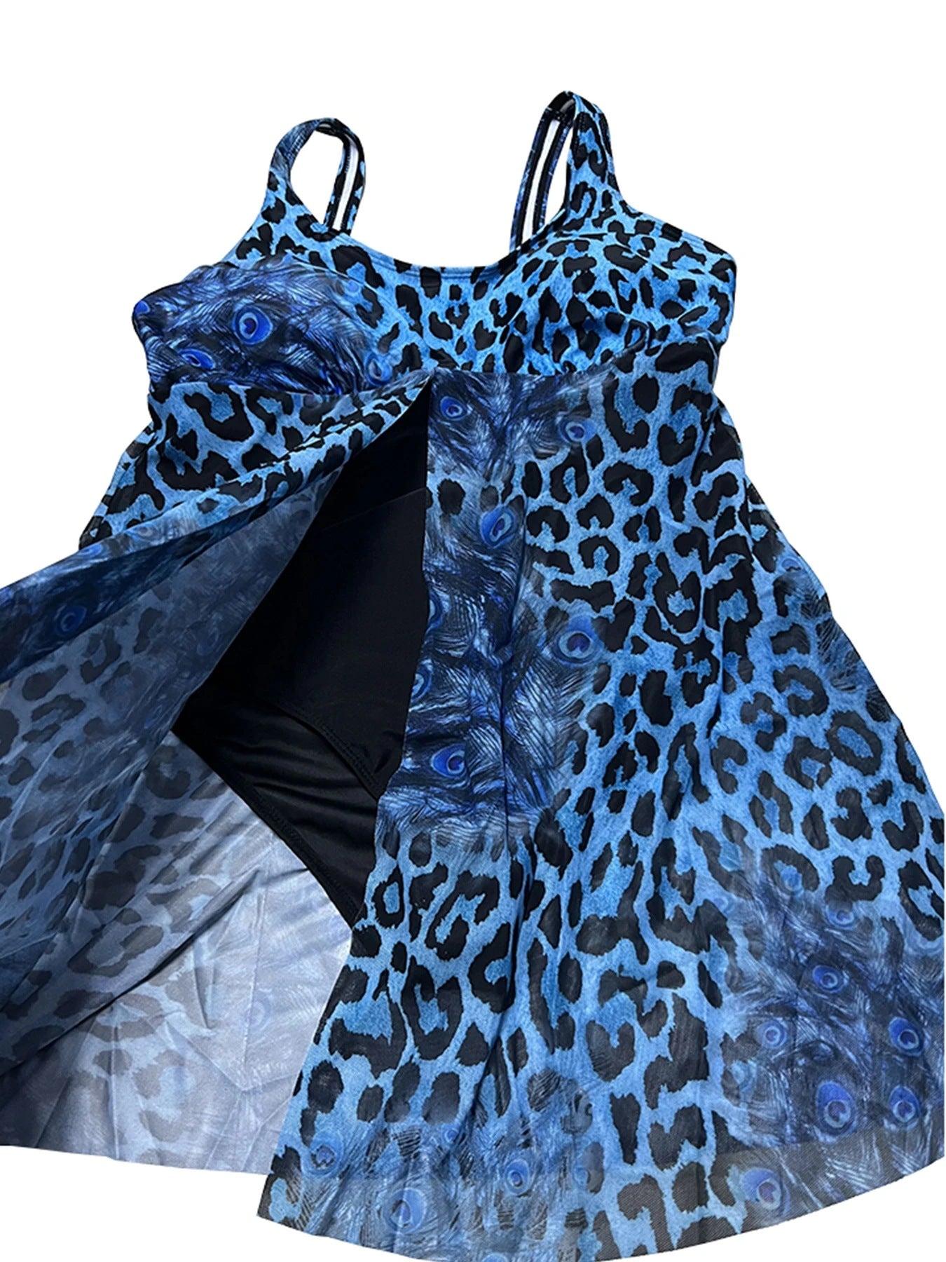 Chic Plus Size Patterned Swim Dress with Thick Straps & Round Neck