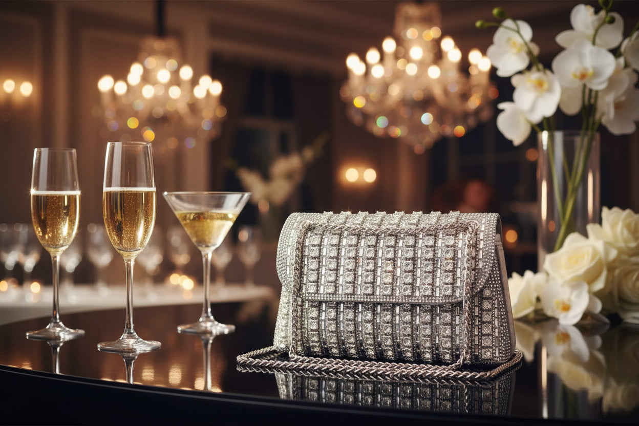 Artisan‑Crafted Leather Evening Clutch with Silver Rhinestones
