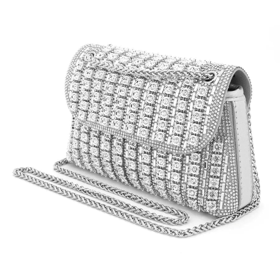Artisan‑Crafted Leather Evening Clutch with Silver Rhinestones