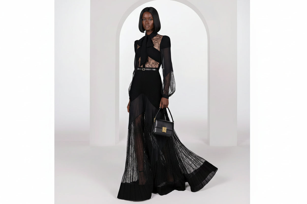 Pleated Lace Slim‑Fit Maxi Dress
