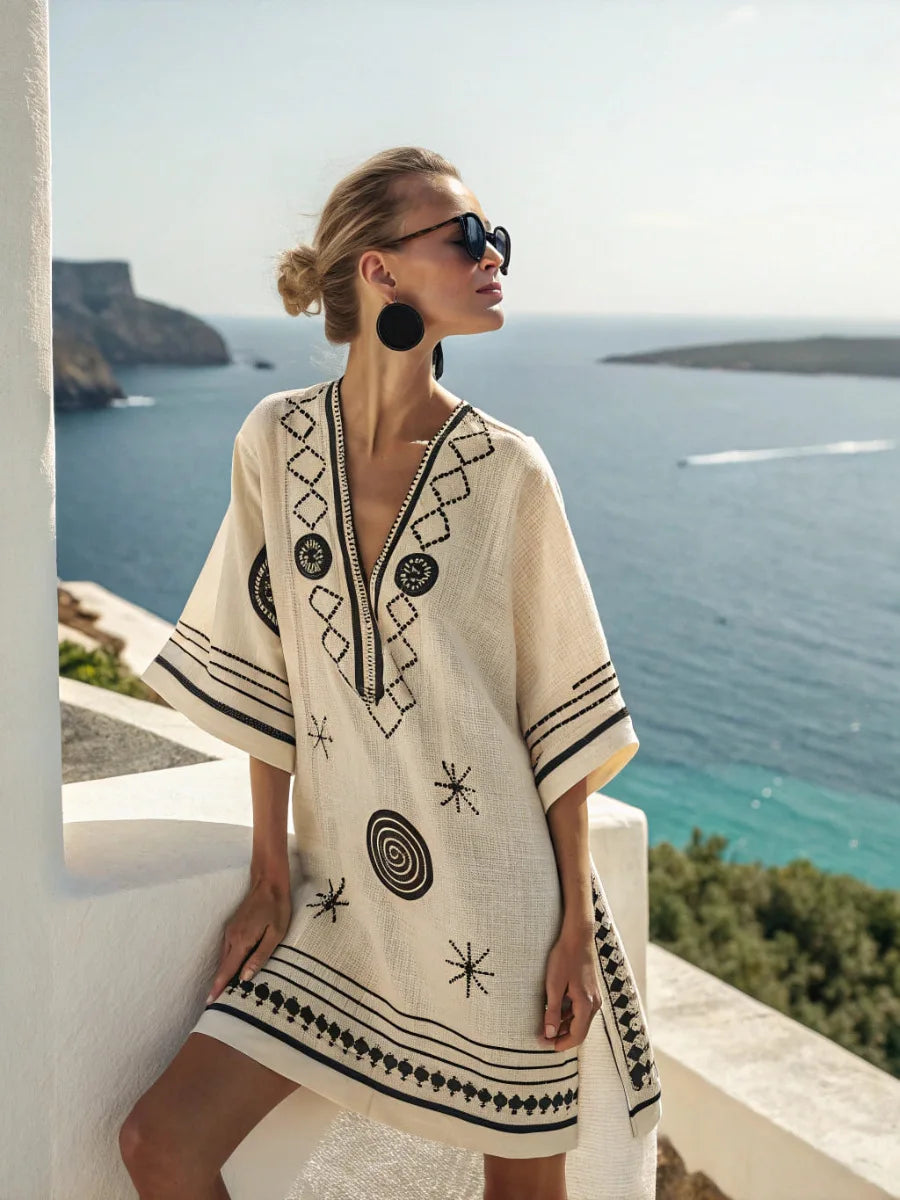 Casual Beach Dress — Aztec Accent, Loose Fit