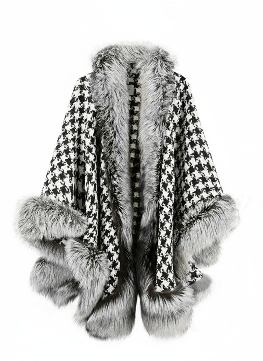 Faux Fur Cape/Poncho with a Tweed and Houndstooth Design.