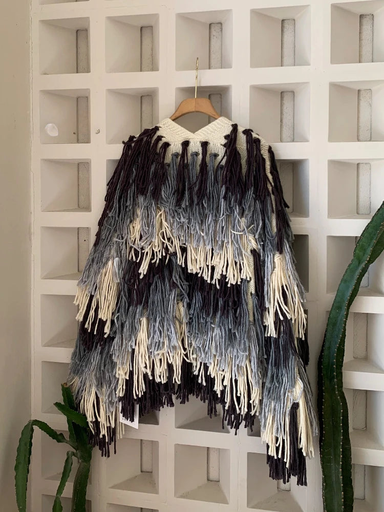 Vintage Shaggy Cardigan Jumper. Loose Fit with Fashionable Tassels.  Versatile for any Wardrobe