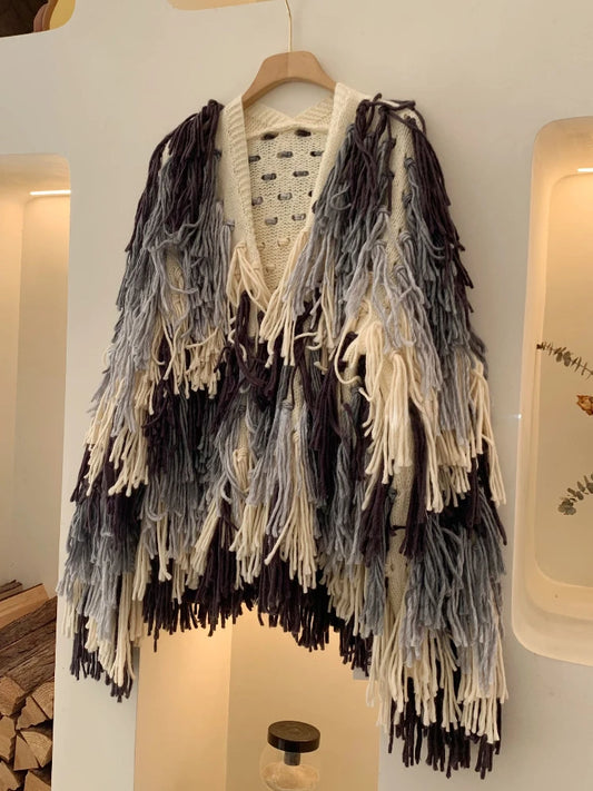 Vintage Shaggy Cardigan Jumper. Loose Fit with Fashionable Tassels.  Versatile for any Wardrobe