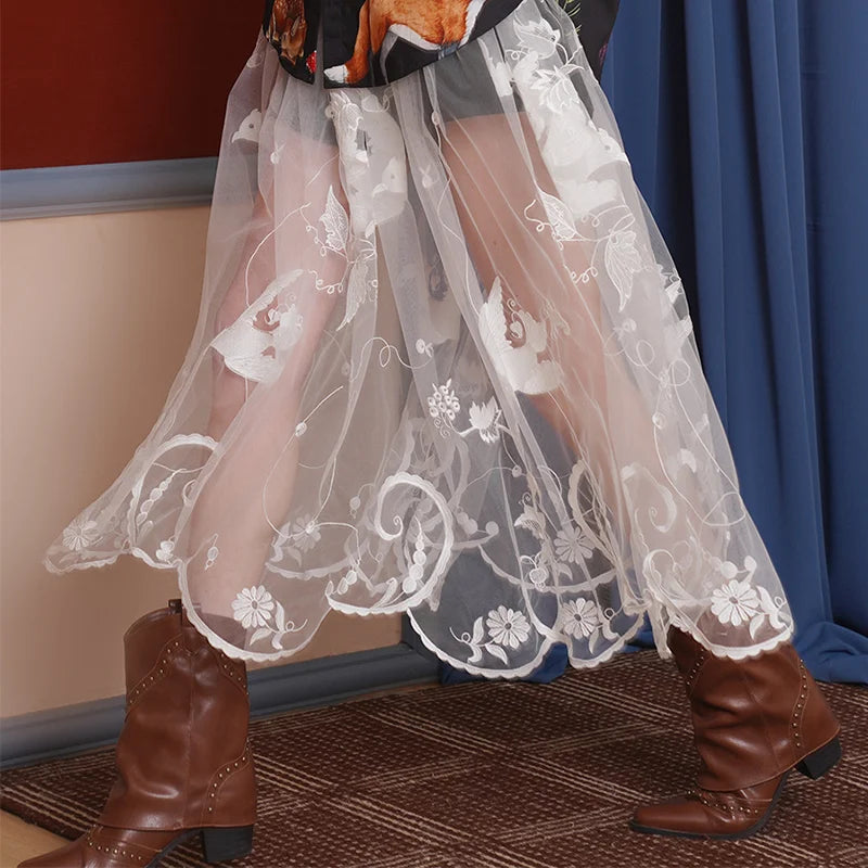 Chic, Timeless and Beautifully Made Chiffon and Lace Skirt.  Ankle length. Artistic Embroidery.