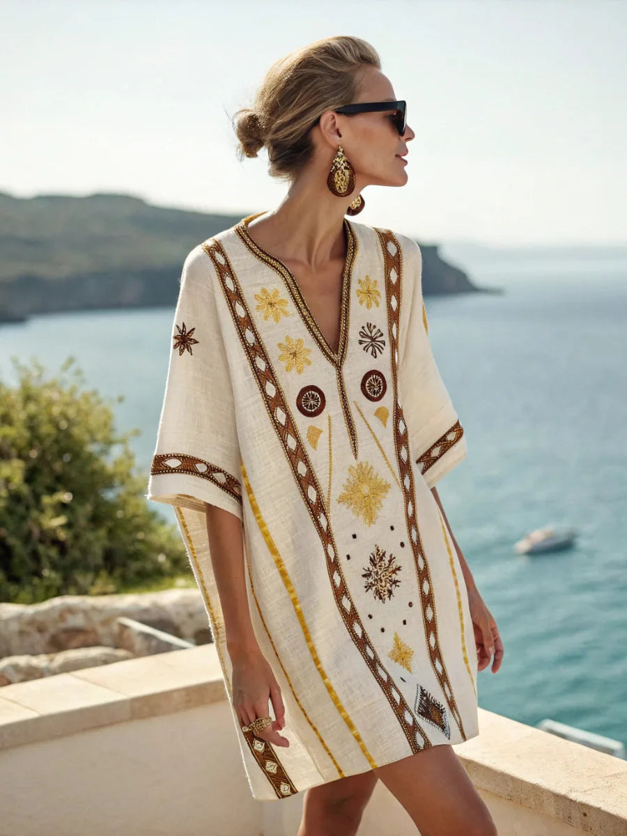 Casual Beach Dress — Aztec Accent, Loose Fit