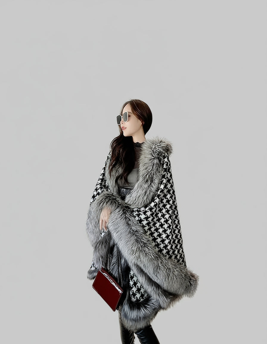 Faux Fur Cape/Poncho with a Tweed and Houndstooth Design.