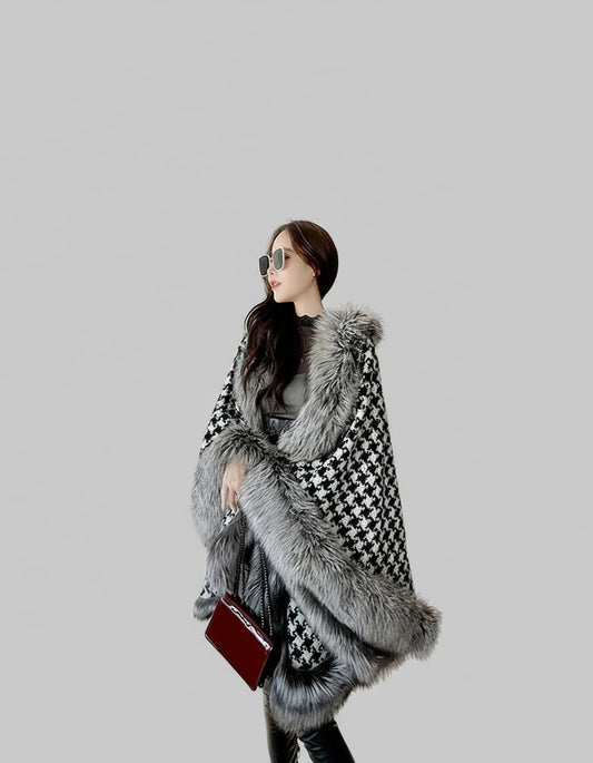 Faux Fur Cape/Poncho with a Tweed and Houndstooth Design.