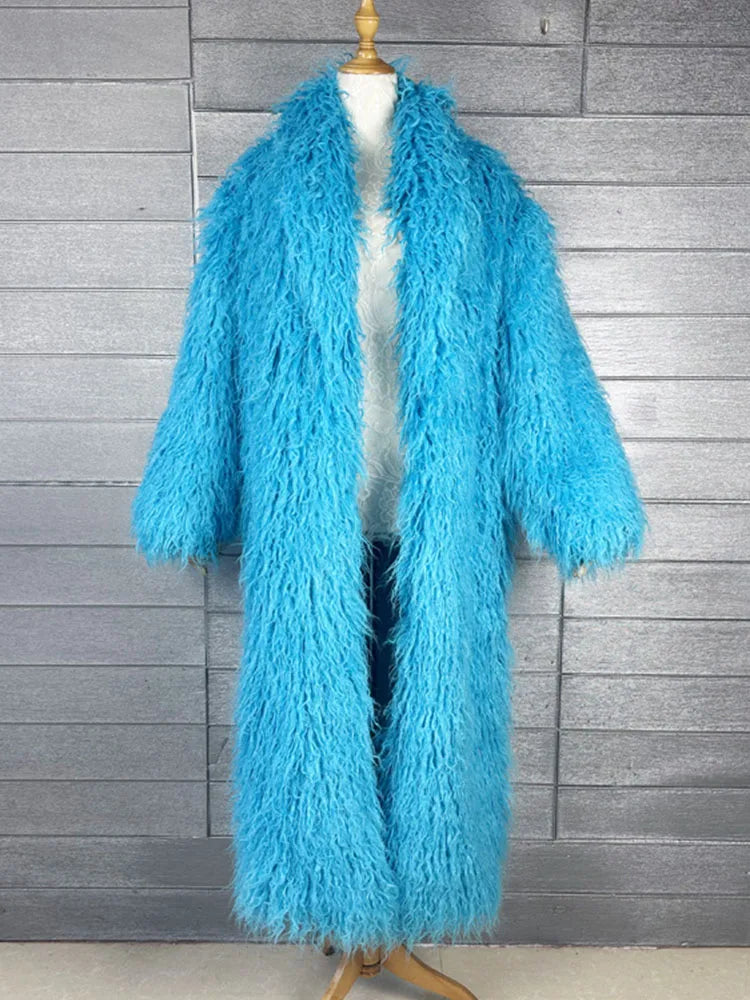 Long Faux Fur Dress Coat, Coat.  Wide Waisted in Vibrant Funky Colors