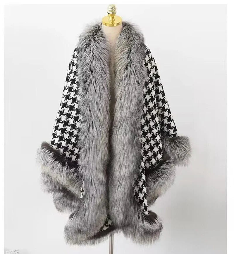 Faux Fur Cape/Poncho with a Tweed and Houndstooth Design.