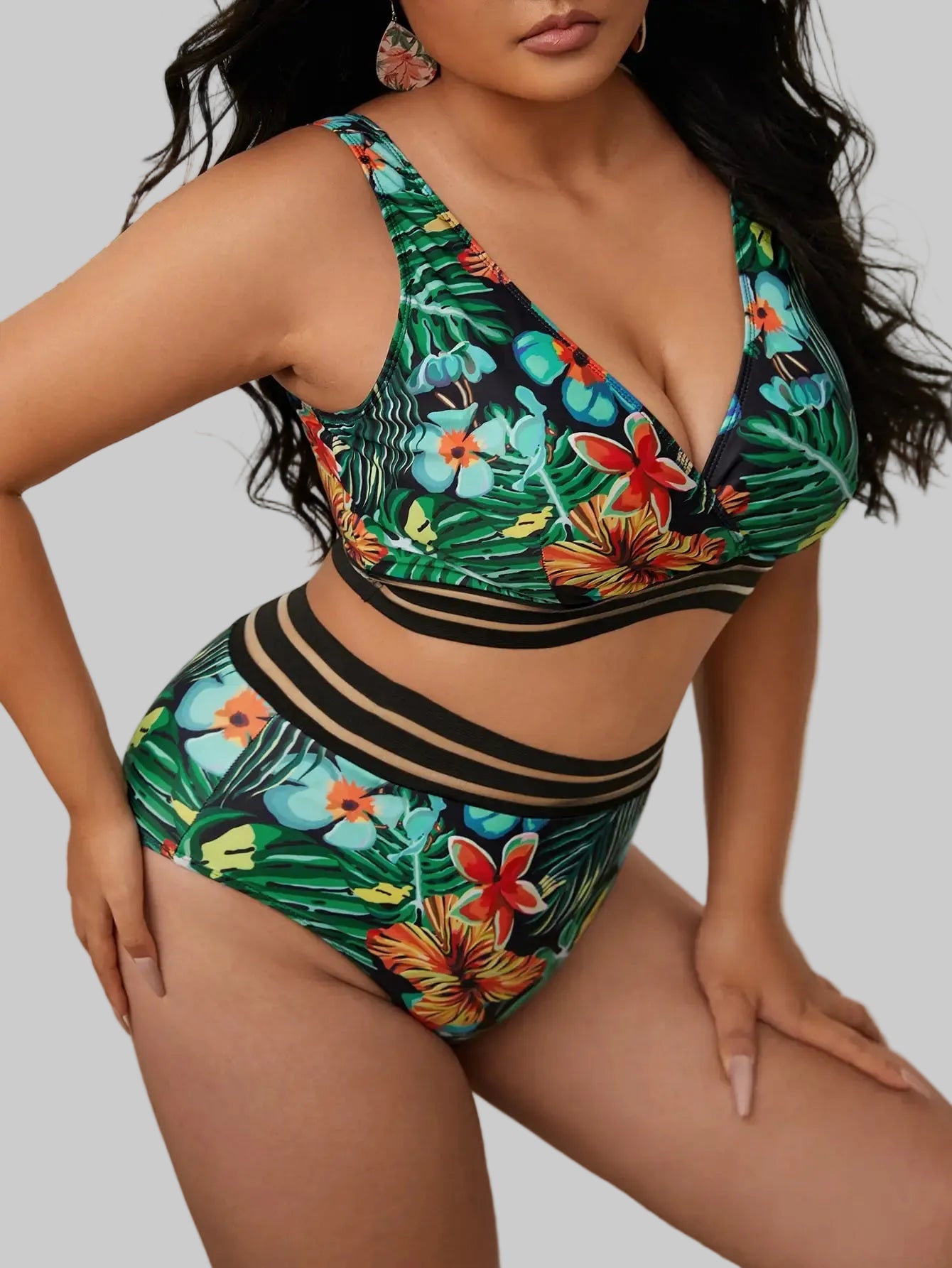 Plus Size Floral High‑Waist Bikini Set with Adjustable Thick Straps