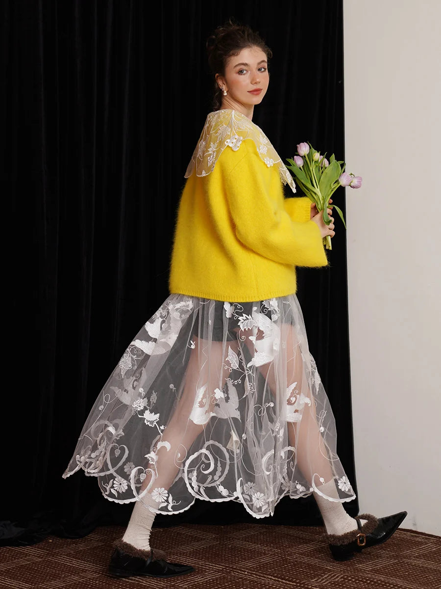 Chic, Timeless and Beautifully Made Chiffon and Lace Skirt.  Ankle length. Artistic Embroidery.