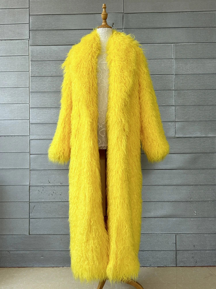 Long Faux Fur Dress Coat, Coat.  Wide Waisted in Vibrant Funky Colors