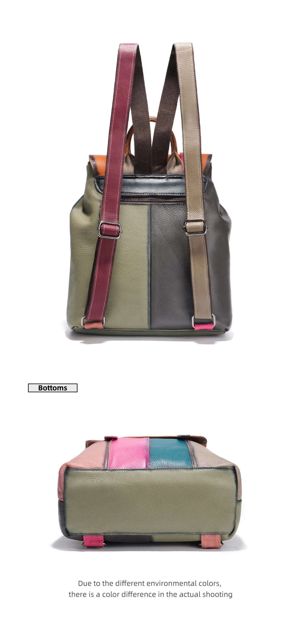 Multicolor Patchwork Leather Backpack. Wear Resistant.