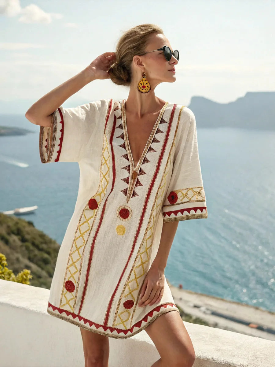 Casual Beach Dress — Aztec Accent, Loose Fit