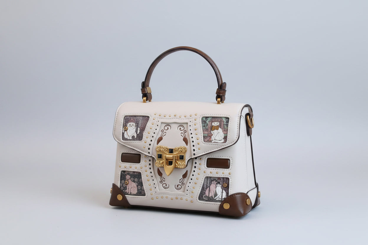 Retro Style Leather, Compact Bag with Cat Graphics