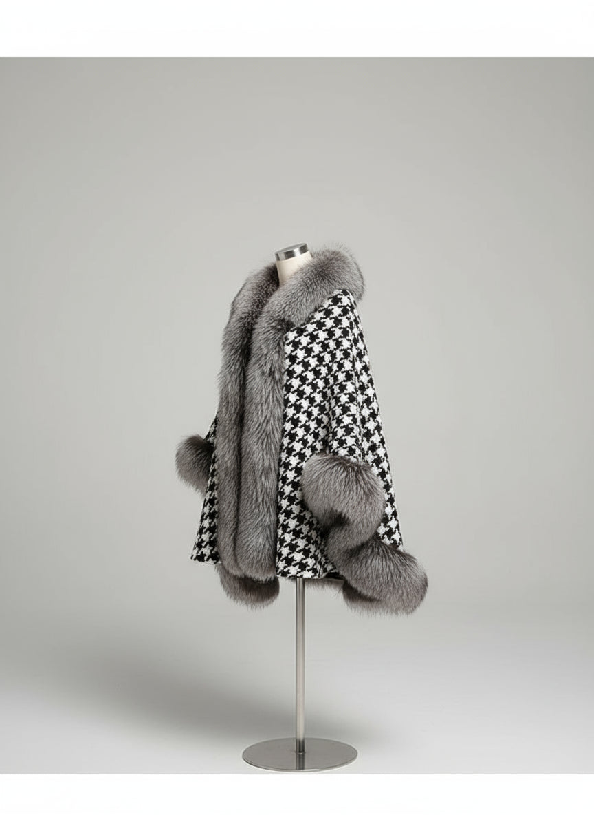 Faux Fur Cape/Poncho with a Tweed and Houndstooth Design.