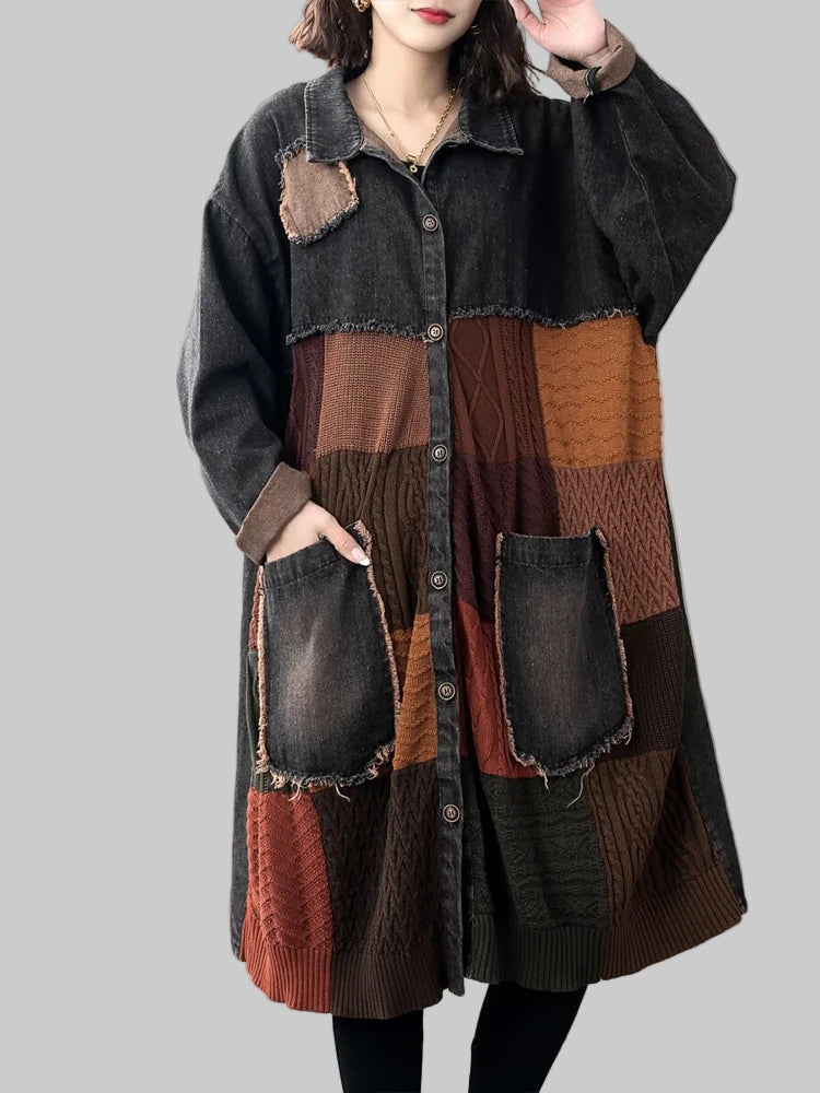 Vintage Lightweight Layer Coat.  Denim Patchwork with Classic Turn Down Collar