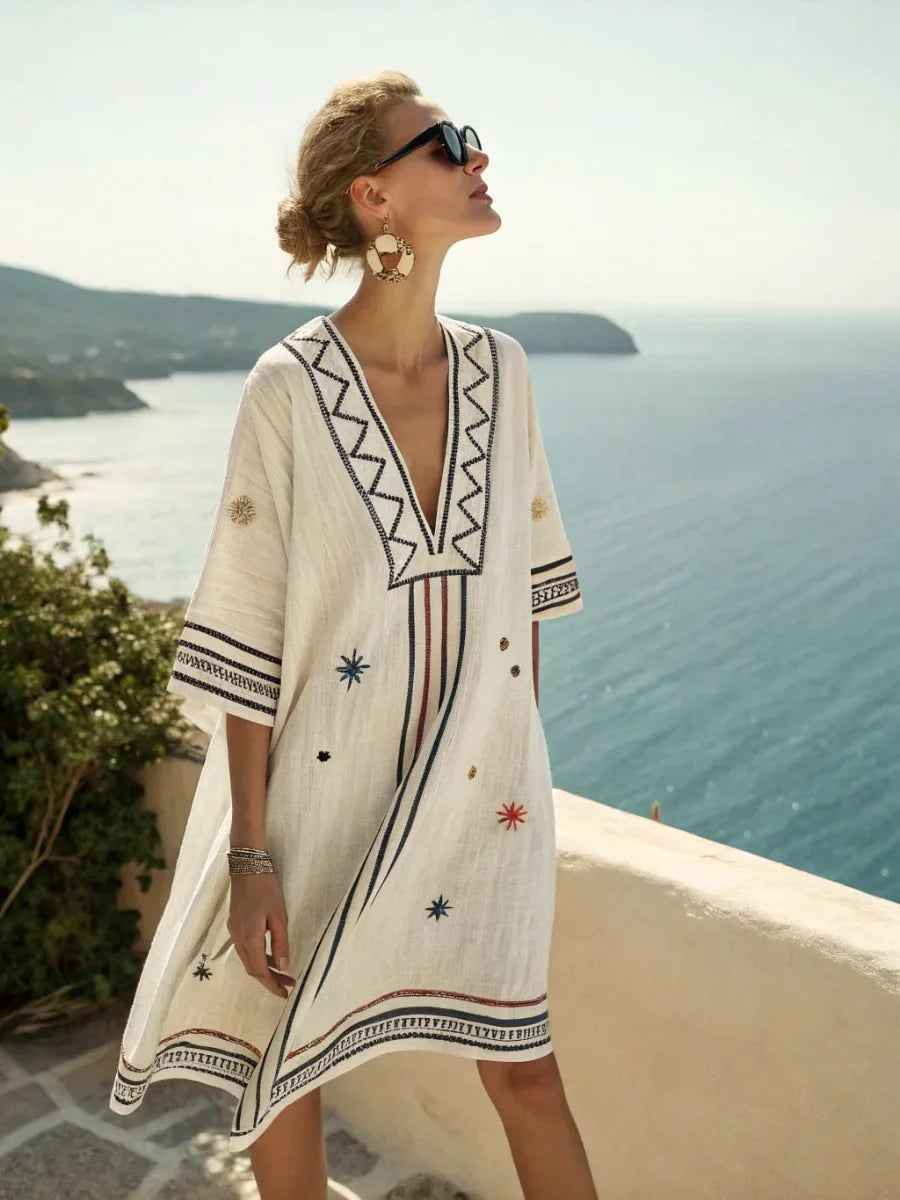 Casual Beach Dress — Aztec Accent, Loose Fit