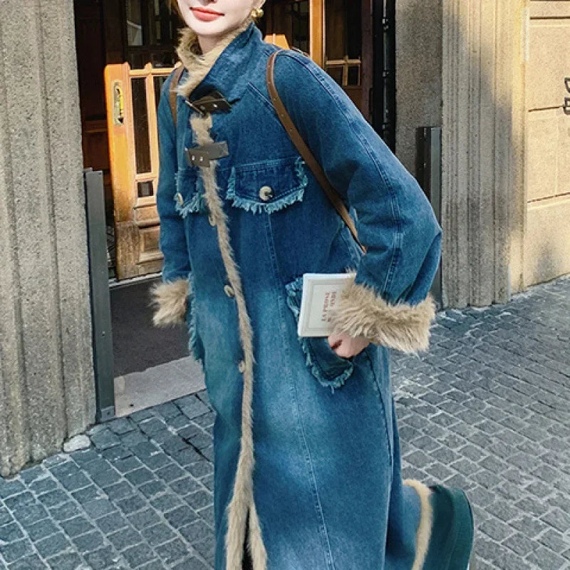 Long Denim Coat lined with luxurious lambs wool. Stay cozy and stylish all winter
