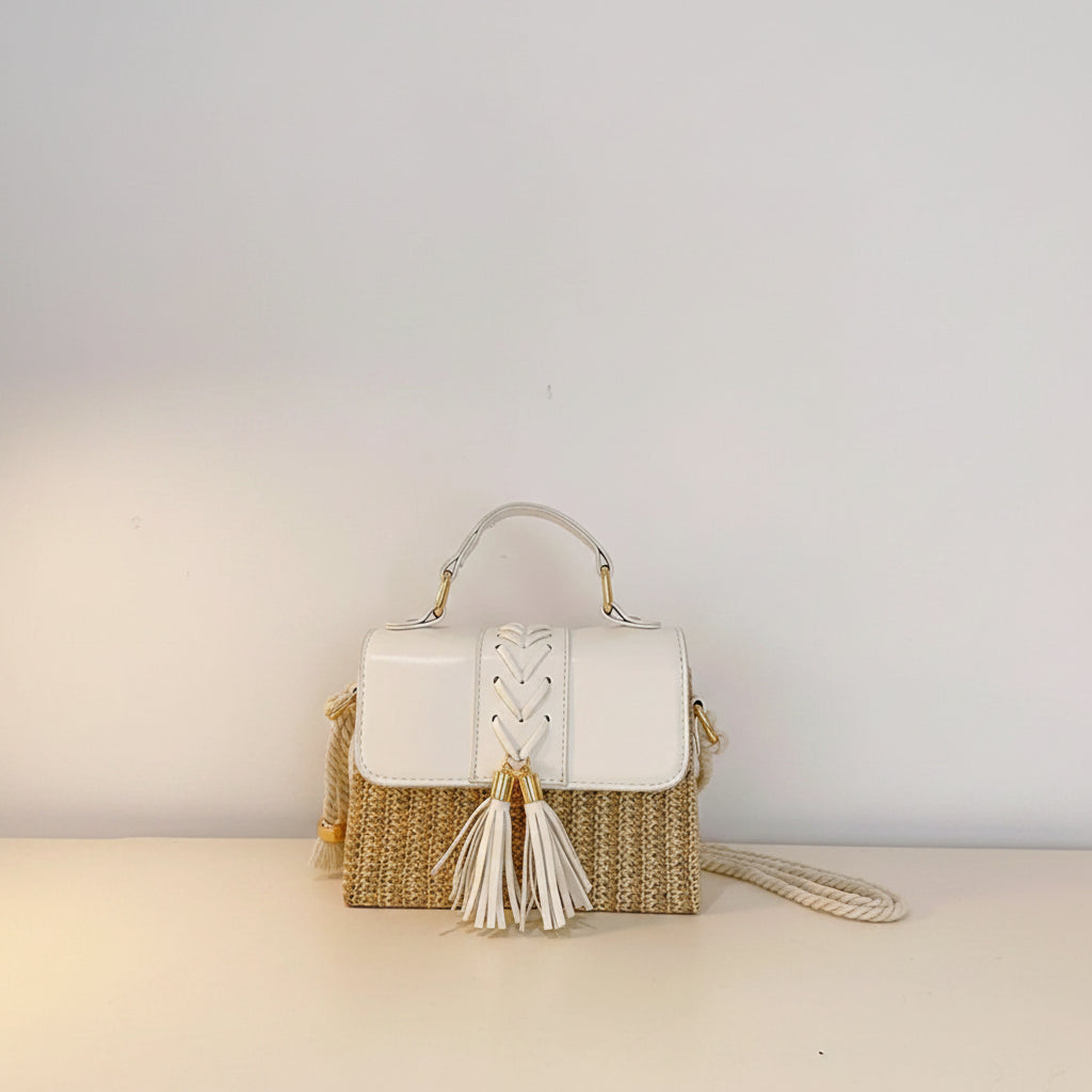 Chic Woven Straw Box Bag with Tassel Detail