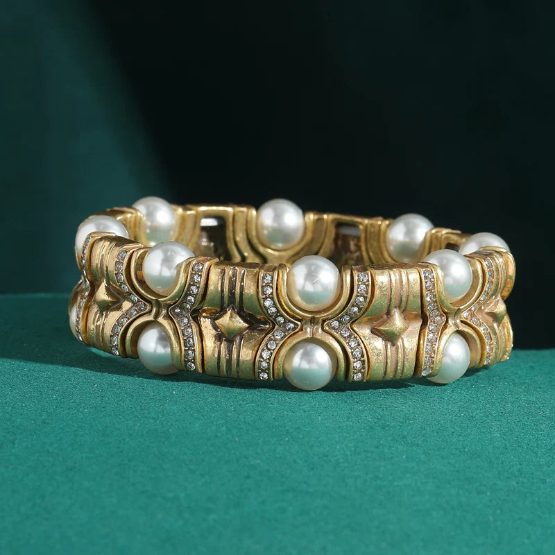 Vintage Natural Stone Bracelet with Rhinestone Inlay