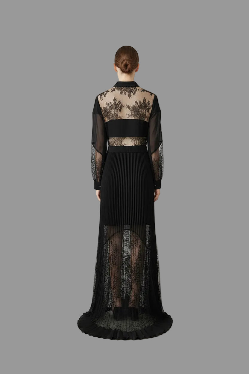 Pleated Lace Slim‑Fit Maxi Dress