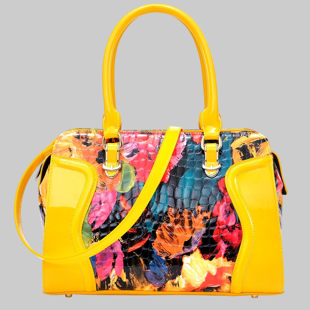 Yellow Designer Bag. Genuine Leather with Patent Leather and Motif.  Stylish and Sleek