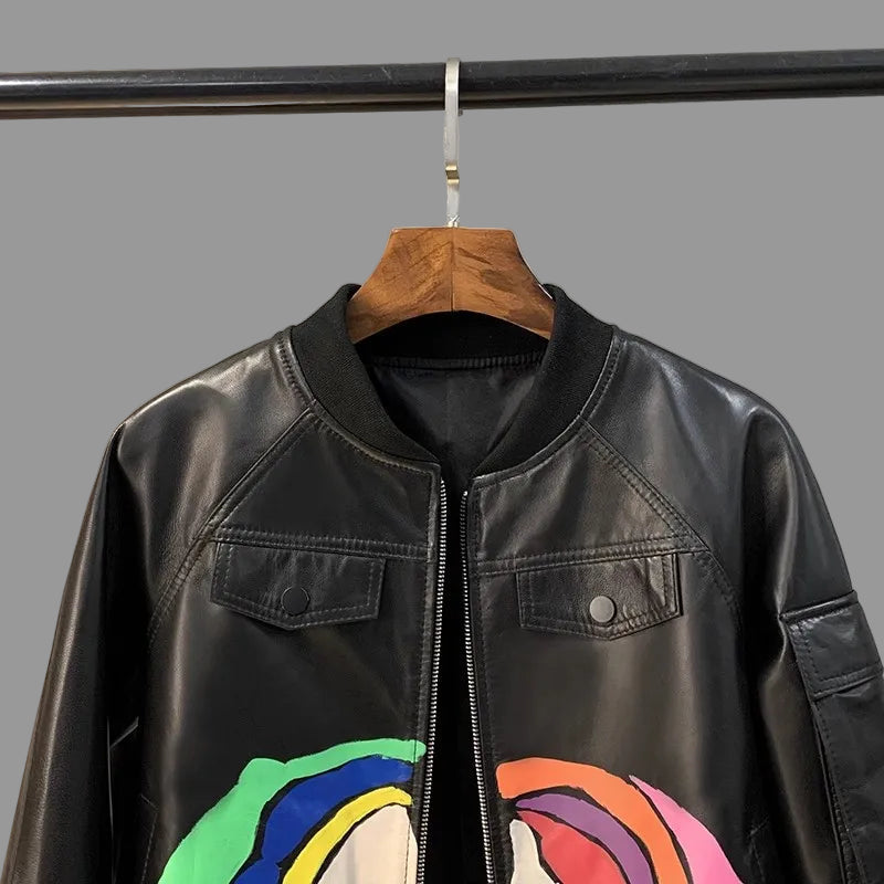 Short Black Leather Jacket with Vibrant Designer Graffiti. A True Statement Piece