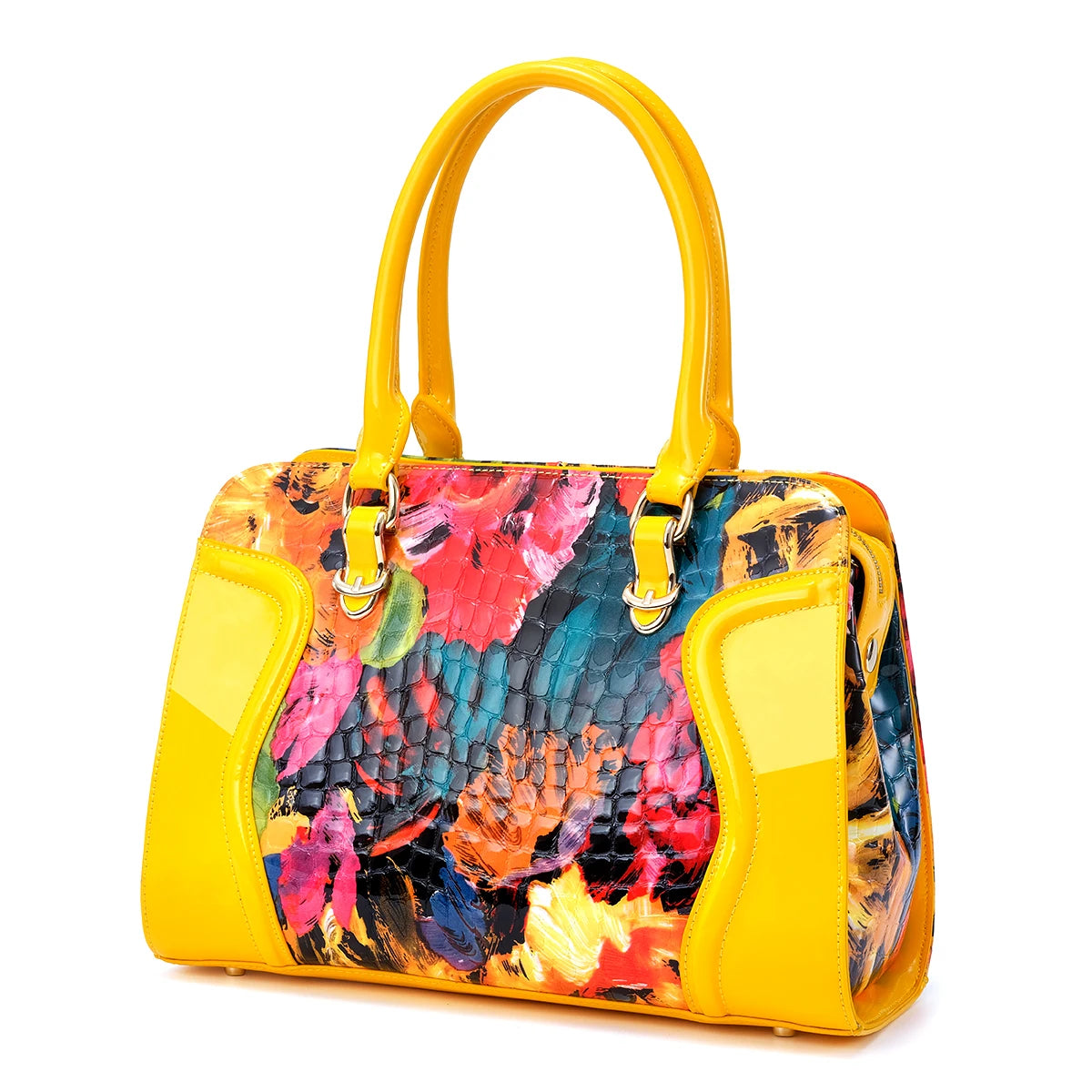 Yellow Designer Bag. Genuine Leather with Patent Leather and Motif.  Stylish and Sleek
